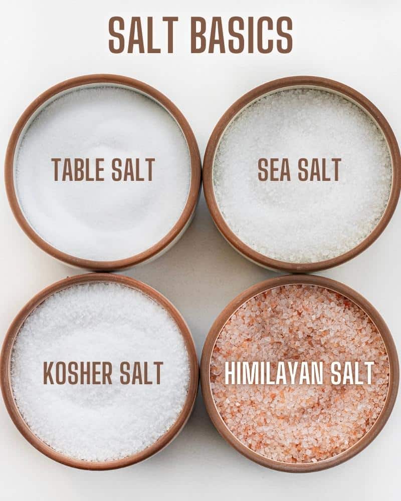 I often get asked about the role of salt in baking, especially kosher as that is what I prefer. Salt is not just a flavor enhancer, but it also plays a vital role in the baking process. In fact, it's one of the four essential ingredients in bread - flour, salt, yeast, and water. I'd love to share which salt I use, and why different salts can't be used interchangeably! Showing Four Different Salts, Table Salt, Sea Salt, Kosher Salt, and Himalayan Salt.